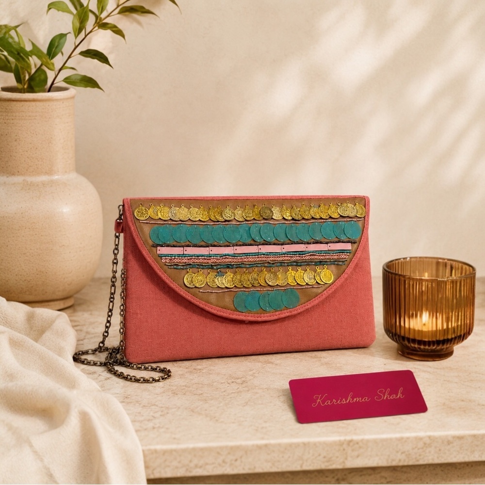 Karishma Shah Handcrafted Embellished Clutch Pink Beaded Coin Evening Bag